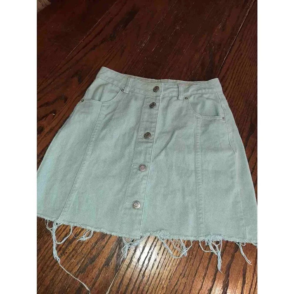 Small American Threads Light Blue Raw Hem Distressed Mini Denim Blue Jean Skirt